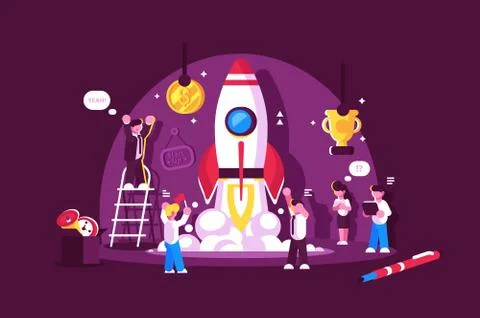 Red rocket start up space with people celebrating Stock Illustration