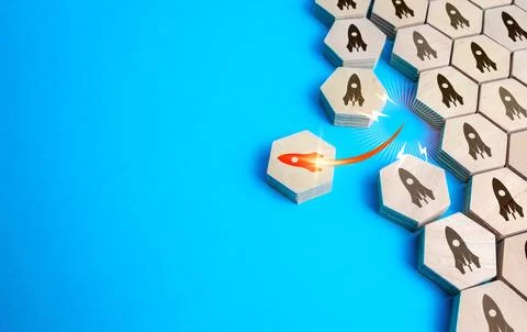 Red rocket takes off first among others. Successful business startup with p.. Stock Photos