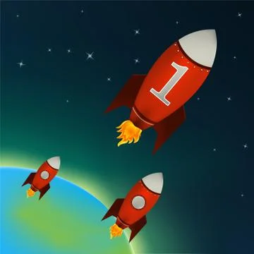 Red rockets flying in outer space Stock Illustration