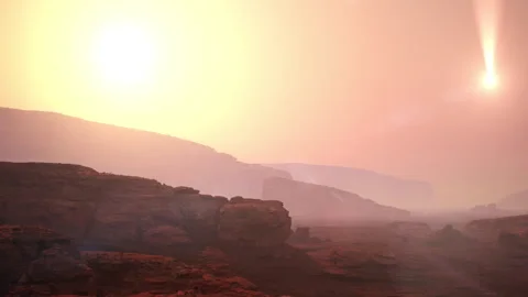 Red rocky formation on the planet Mars and faint Sun in the distance Stock-Footage 240434122
