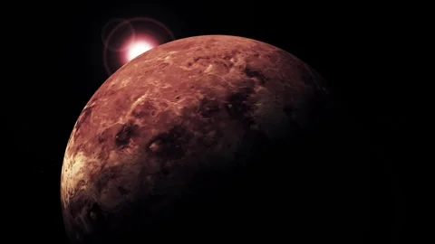 Red rocky planet in deep space with a bright sun flare and dark background Stock Footage 340388267