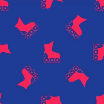 Red Roller skate icon isolated seamless pattern on blue background.  Vector Stock Illustration