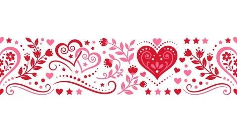 Red romantic pattern with hearts and floral designs Stock Illustration