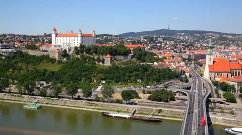 Red roofs and auto junction in summer day, Bratislava Stock Footage 36133885
