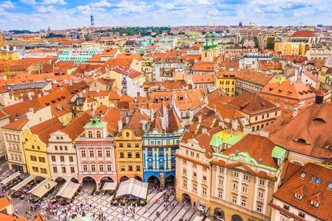 Red Rooftops and Cityscape of Old Town Prague, Czech Republic Stock Photos