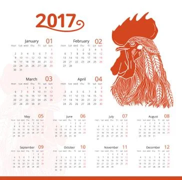 Red rooster print calendar vector Stock Illustration