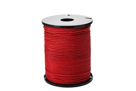 Red Rope Spool On Black Plastic Reel, Durable Twisted Cord For Crafts And Tie Stock Photos