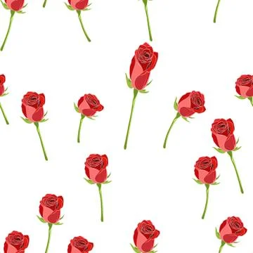 Red rose buttons on the stem vector seamless pattern on a white background. Stock Illustration