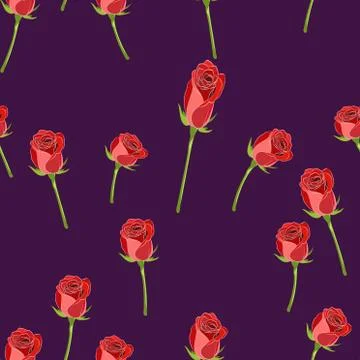 Red rose buttons on the stem vector seamless pattern on a violet Stock Illustration