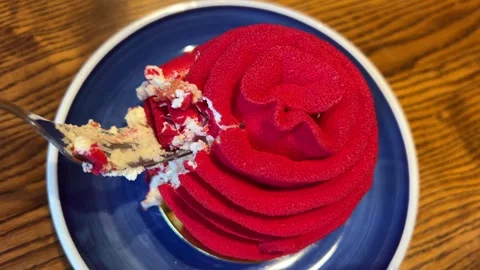 Red rose dessert Valentines day dessert. Heart shaped raw vegan red cakes with Stock Footage 314097601