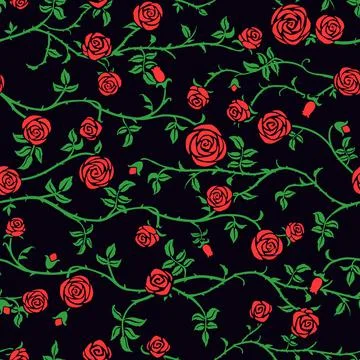 Red rose floral seamless pattern with climbing curly flower, green leaf Stock Illustration