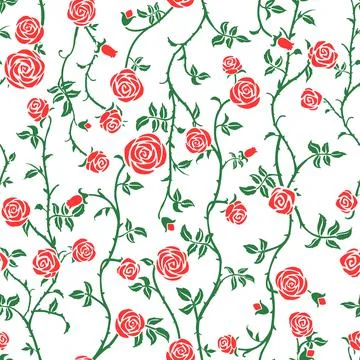 Red rose floral seamless pattern with climbing curly flower, green leaf Stock Illustration