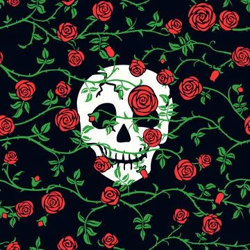 Red rose floral seamless pattern with climbing curly flower, green leaf Stock Illustration