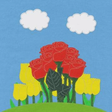 Red rose on green grass field with stitch style fabric background Stock Illustration