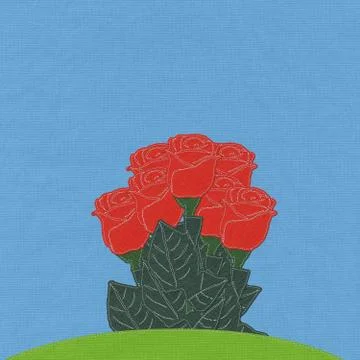 Red rose on green grass field with stitch style fabric background Stock Illustration