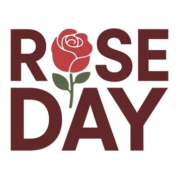Red rose with green stem and leaves on white background with text rose day Stock Illustration