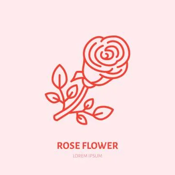 Red rose illustration. Flat line icon, flower shop logo. Valentines day present Stock Illustration