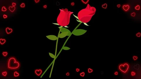 Red rose illustration with floating neon hearts on black background Stock-Footage 341726167