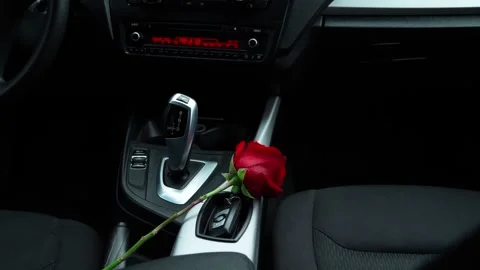 A red rose lying in the car. Romantic expectation, a love story. Stock Footage 317170122