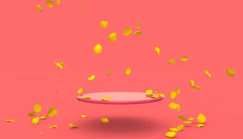 Red rose petals fall on the stand on a red background. Free space on the stan Stock Illustration