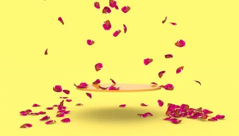 Red rose petals fall on the stand on a yellow background. Free space on the s Stock Illustration