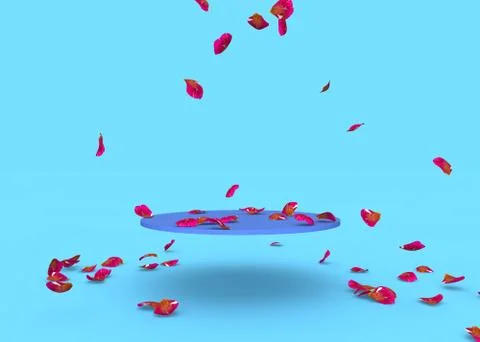Red rose petals fall on the stand on a blue background. Free space on the sta Stock Photos