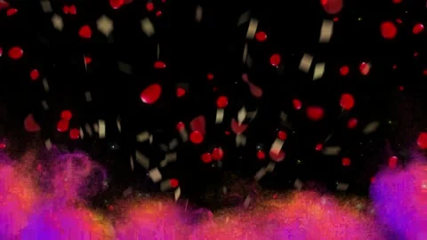 Red rose petals falling against a vibrant pink and purple nebula cloud with Stock Footage 339257382