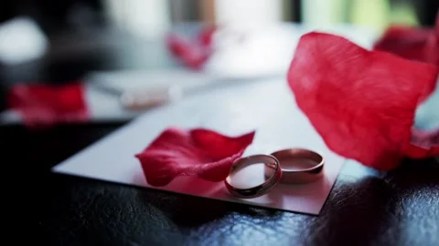 Red rose petals falling on wedding rings on table. Slow motion Stockbeeldmateriaal 307207142