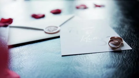 Red rose petals falling on wedding rings on table. Slow mo Stock Footage 308631491