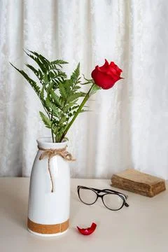 Red rose on the table in a ceramic vase Stock Photos