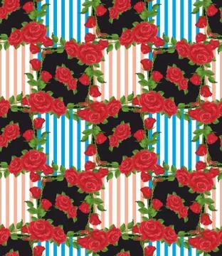 Red roses on black frames. Floral seamless pattern with colorful stripes. Stock Illustration