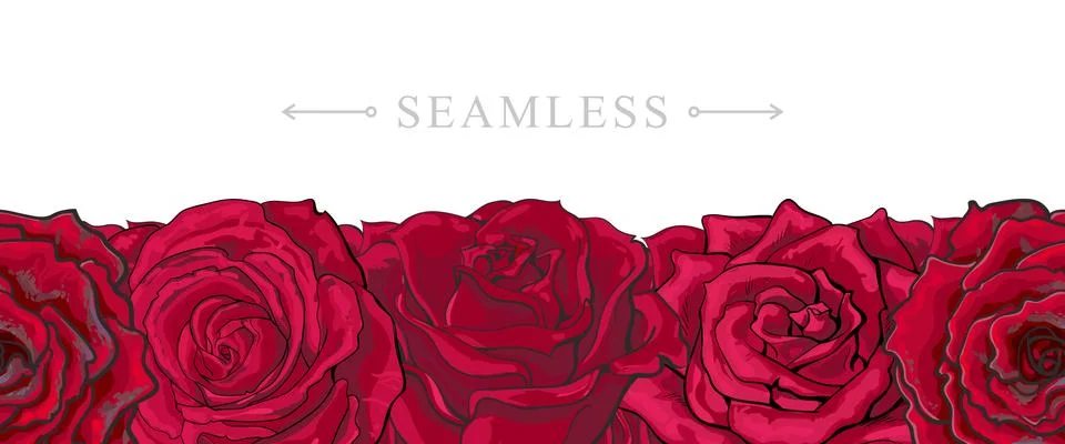 Red roses border seamless pattern with romantic hand drawn flower blooms Stock Illustration