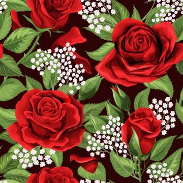 Red roses embroidery seamless pattern. Beautiful buds of red roses on black Stockillustratie