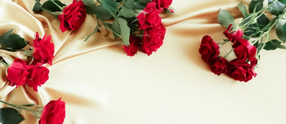 Red roses frame pattern on beige silk texture background with copy space. Select Stock Photos