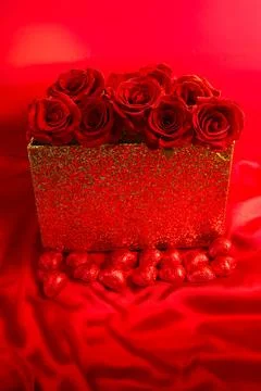 Red roses in a gift box on red background with chocolate hearts scattered around Stock Photos
