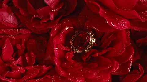 Red roses with ruby gem in ring, wet petals on big bud. Summer floral carpet Stock Footage 243492611