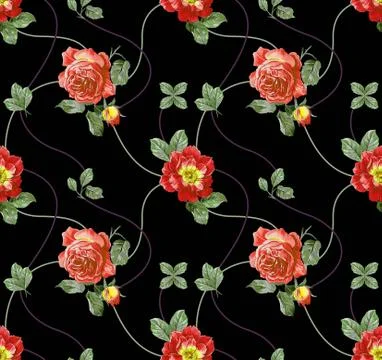Red roses seamless pattern on black background. - illustration Stock Illustration