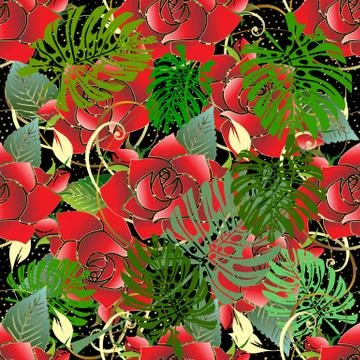 Red roses seamless pattern. Vector floral background Stock Illustration