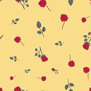 Red roses on yellow seamless vector pattern Stock Illustration