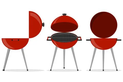 Red round barbecue kettle grill icon set from side front and open view Stock Illustration