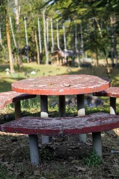 Red round concrete table and curved bench set in an open green park area. Stock Photos