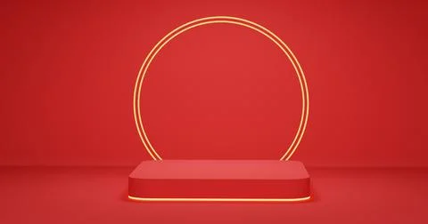 Red round corner cube podium with gold border Illustrazione stock
