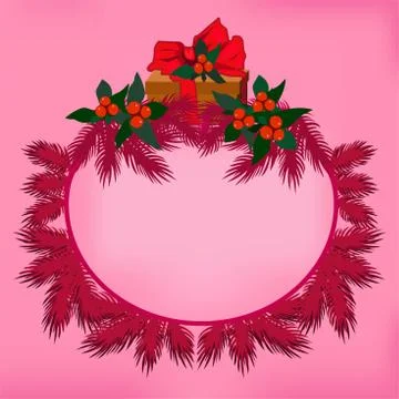 Red round frame with a place for text with fir branches and berries with green Stock Illustration