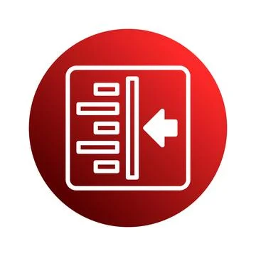 Red round icon design featuring white rectangular graphic with arrow symbol.. Stock-Illustration
