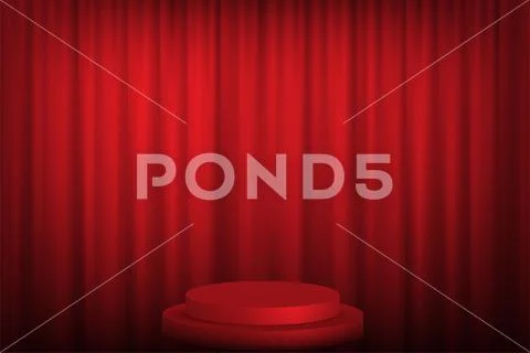 Red round podium with steps in front of the curtains. Vector illustration. Stock Illustration
