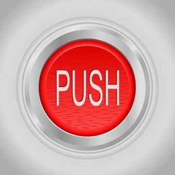 Red round push button bordered by a metallic ring Illustrazione stock