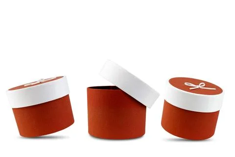 Red Round Three Gift Boxes on White Background with Shadow. Stock Photos