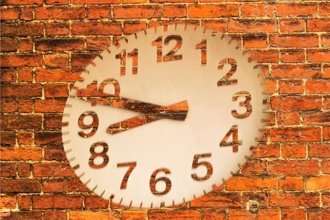 Red round wall clock on brick wall Stock Photos