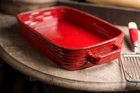 Red Rounded Rectangular Baking Dish Stock Photos