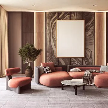 Red rounded sofa and picture frame mockup in a japandi classic living room Stock Illustration
